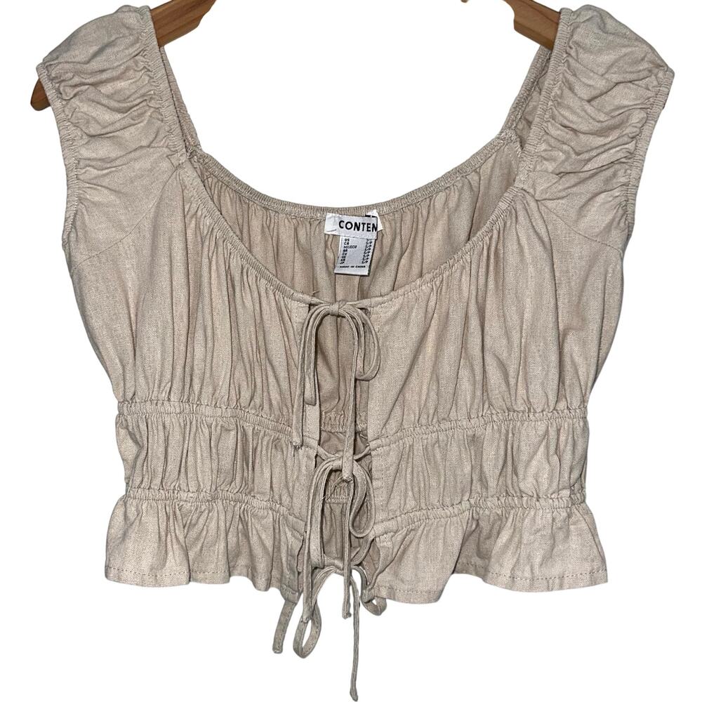 Contempo Tan Linen Blend Tie Front Ruched Milk Maid Crop Top Size Small